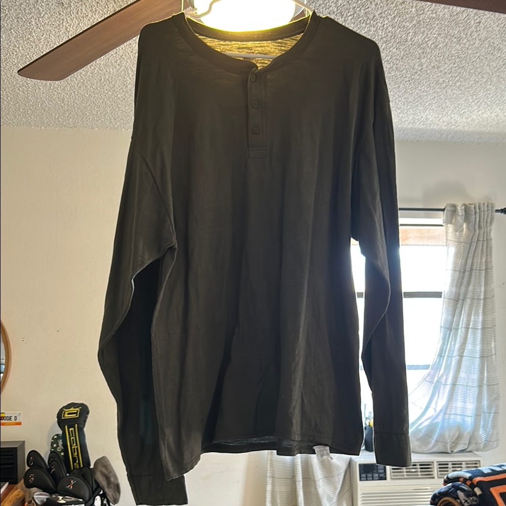 Hanes Green Long Sleeve Tee with Crew Neck and Relaxed Fit